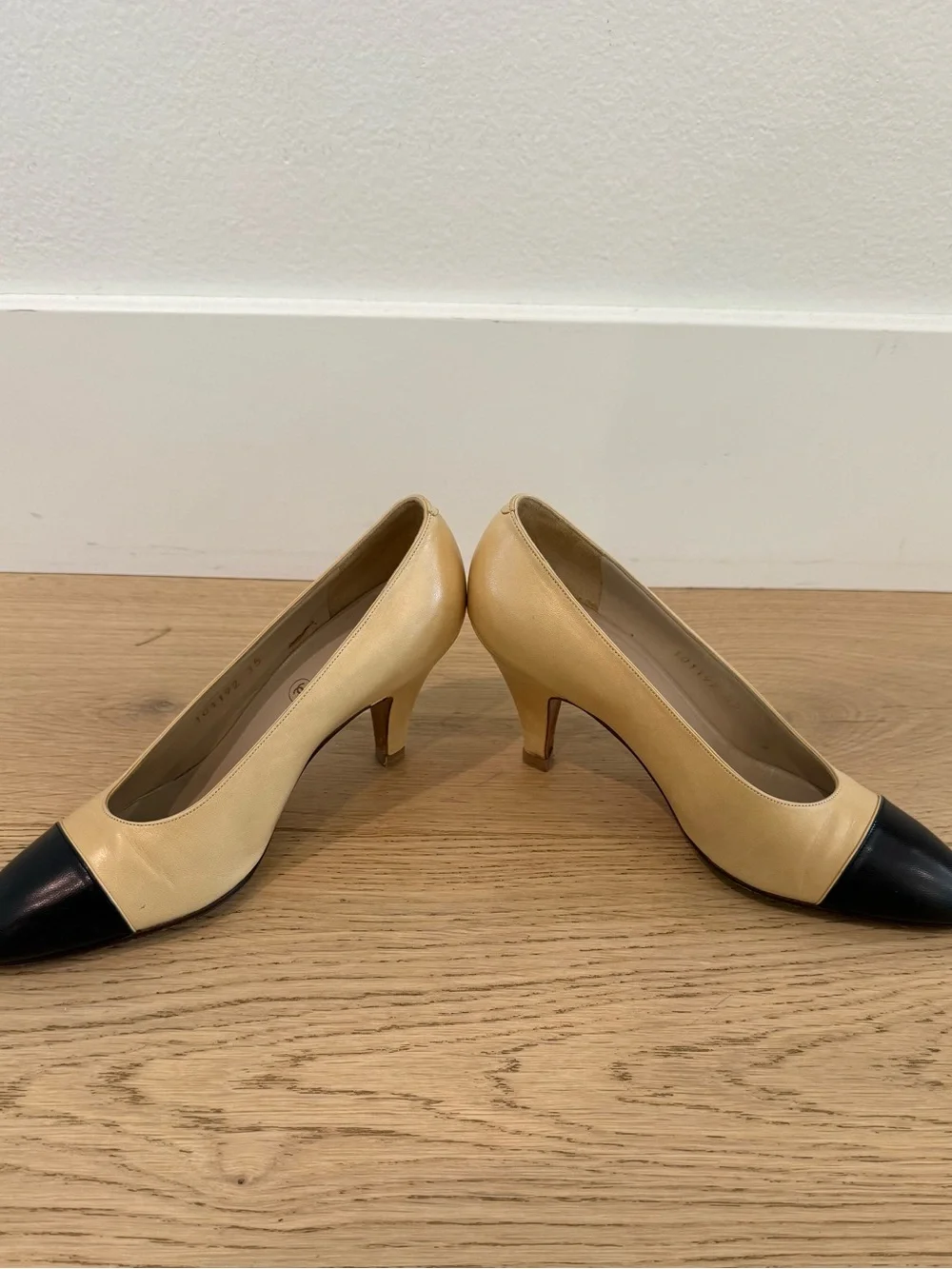 Vintage CHANEL Two-Tone Beige and Black Leather Pumps
